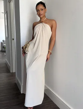 Nuevo Vestido Largo Sencillo de Champán con Espalda Descubierta y Plisado, con Decoración de Bolas de Metal, Ropa Boho de Moda para Mujer, Atuendos - Shein - FashionsVida