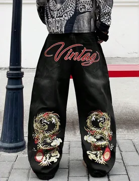 Hearty Haven 1 pieza Pantalones vaqueros de hombre estilo callejero americano, moda bordada, pierna ancha, sueltos, casuales, cómodos, versátiles pa - Shein - FashionsVida