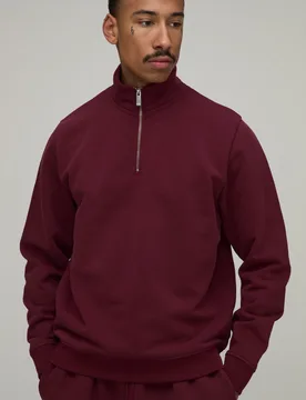 Mens Regular Fit Premium 480gsm 1/4 Zip Funnel Neck Sweatshirt - Burgundy Cotton - Size Medium - boohooMAN - FashionsVida