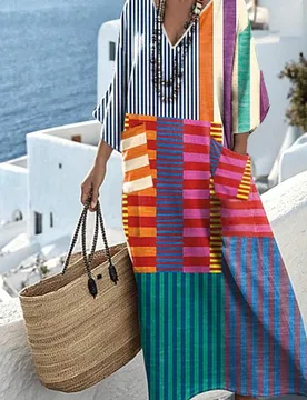 Vestido largo casual y holgado de estilo vacacional con cuello en V y rayas de contraste, elegante para primavera/verano L - Shein - FashionsVida