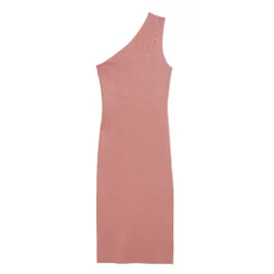 Womens Kaleyy One Shoulder Lurex Knit Midi Pale Pink Dress - Dusty Pink Viscose - Size 14 Uk