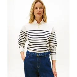 Jersey de mujer de rayas con cuello alto abotonado
