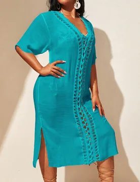 Vestido cubrecosturas recto suelto para mujeres de talla grande de unicolor y hueco con escote en V y mangas cortas, ideal para playa y vacaciones de - Shein - FashionsVida