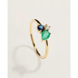 Anillo en oro amarillo de 18 k con zafiro, esmeralda y diamante