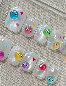 Piezas de uñas postizas de ojo de gato con forma de caramelo arcoíris hechas a mano, estilo de vacaciones de verano Y2K, pegatinas de uñas de hadas - Shein - FashionsVida