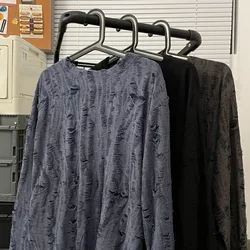 Solid Color Ripped Round Neck Pullover Long-sleeved T-shirt Men's 2026 New Loose Casual Design Bottoming Shirt
