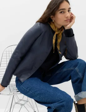 Faux Leather Collarless Jacket Blue female - M&S - FashionsVida