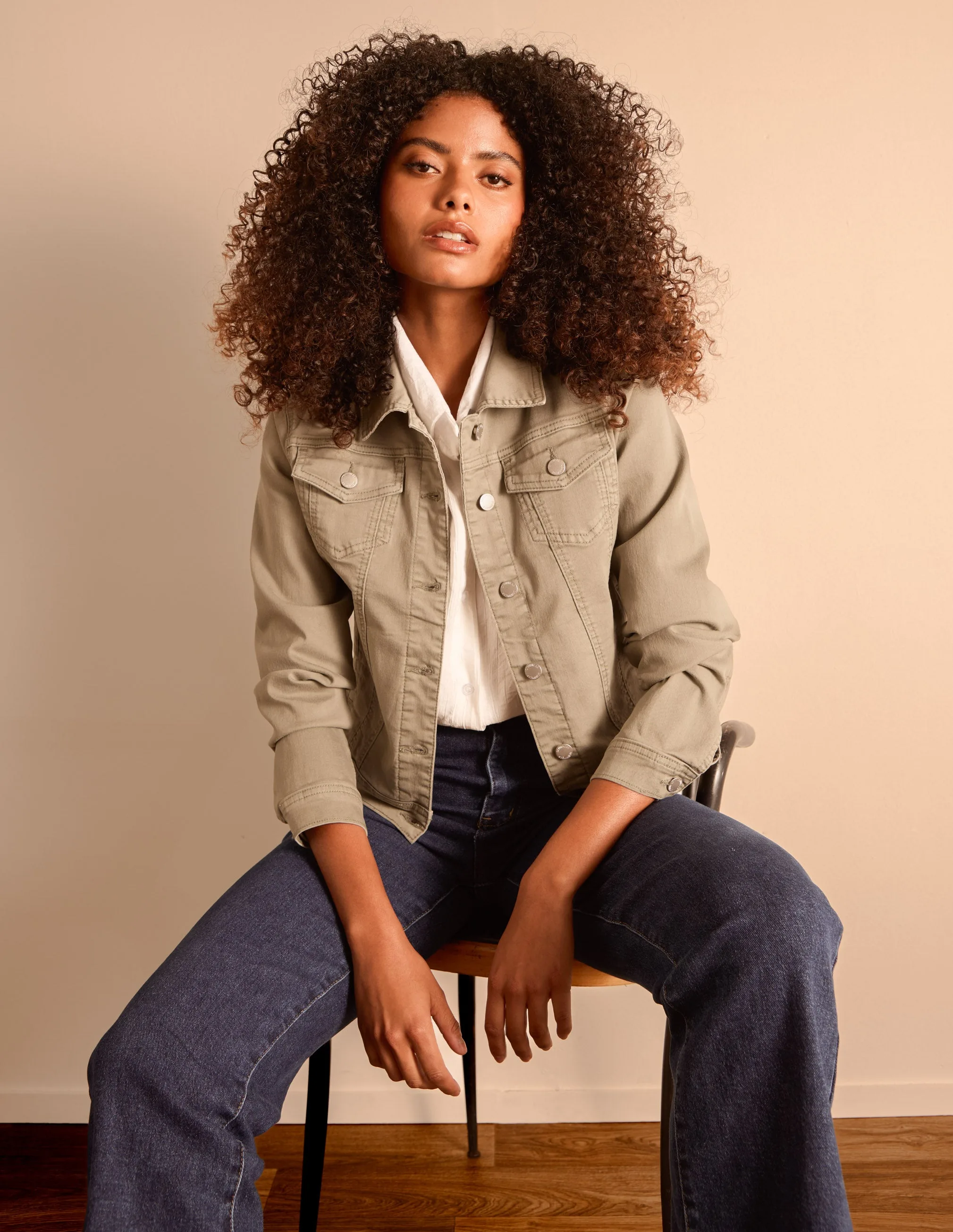 Stretch Denim Jacket - M / LIGHT KHAKI - female - Blue Vanilla - FashionsVida
