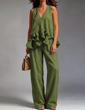 Conjunto de blusa sin mangas de talla grande elegante vintage unicolor con pliegues y doble capa de volantes y pantalones casuales, adecuado para uso - Shein - FashionsVida