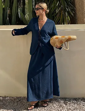 Conjunto de 2 piezas de lino vintage minimalista para primavera & verano para mujer, conjunto de camisa holgada & falda de moda para mujer para vacaci - Shein - FashionsVida