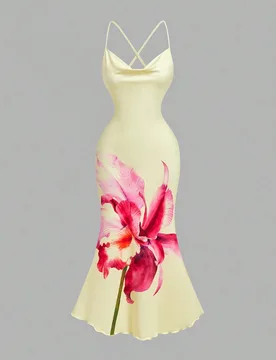 Vestido midi elegante con cintura ceñida y estampado floral, adecuado para citas y fiestas XS - Shein - FashionsVida