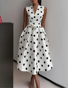 French Polka Dot Dress Summer Women's Fashion Retro Sexy V-neck Sleeveless Waist Tie Bow Long Dress Vestidos De Fiesta Elegantes - Aliexpress - FashionsVida