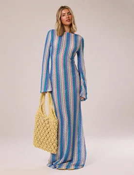 Vestido maxi acampanado de punto con textura de rayas, elegante para vacaciones de primavera y verano, estilo bohemio, Ibiza, playa, casa de playa, fe - Shein - FashionsVida