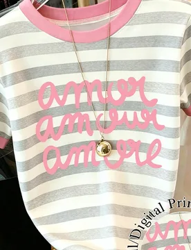 Camiseta casual de moda para niñas de verano y otoño, vintage gris a rayas con estampado de letras, cuello redondo, manga corta, estilo cómodo para - Shein - FashionsVida