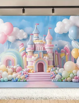 Fondo fotográfico de "Celebración Soñadora", escena de país de fantasía de caramelos - Castillo arcoíris y escena de helados, pancarta de polié - Shein - FashionsVida