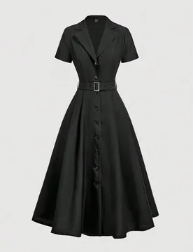 Vestido de mujer casual y elegante con cuello de solapa, unicolor, manga corta, abotonado sencillo, para uso en la oficina XS - Shein - FashionsVida