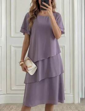 Vestido elegante para mujer de color liso con cuello redondo, mangas volantes de doble capa y bajo asimétrico escalonado M - Shein - FashionsVida