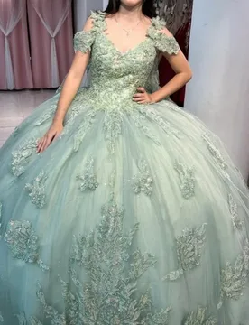 Shiny Mint Green Quinceanera Dress off-shoulder Sequin decal Long tail vestidos de 15 Quinceanera ﻿Customize - Aliexpress - FashionsVida