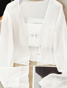 Cárdigan ligero y transparente con textura delicada para mujer, chaqueta corta con botones de perla para el verano M - Shein - FashionsVida