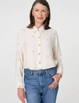 Women's Embroidered Long Sleeve Relaxed Shirt in Cream Size: 10 - Cream - Size: 10 - Izabel London - FashionsVida