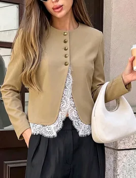 Chaqueta tipo blazer corta de cuello redondo para mujer con patchwork de encaje de pestañas onduladas en el bajo, hombros estructurados, mangas larga - Shein - FashionsVida