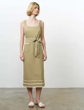 Pure Cotton Square Neck Midi Waisted Dress Green Mix female - French connection - FashionsVida