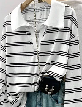 Camiseta casual de mujer de manga larga con hombros caídos y cuello de solapa a rayas XS - Shein - FashionsVida