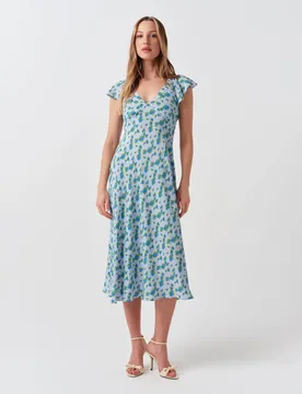 Crepe Floral V-Neck Midi Tea Dress Blue Mix female - GHOST - FashionsVida
