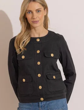 Women's Collarless Cotton Blend Denim Jacket in Black Size: 12 - Black - Size: 12 - Klass. - FashionsVida
