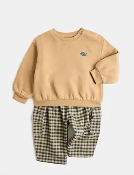 Cotton Rich Checked Sweatshirt & Trouser Set (0-5 Yrs) Brown Mix male - M&S - FashionsVida