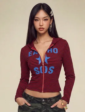 Sudadera casual con cremallera, de manga larga, con estampado de letras y rayas, para mujer, para otoño y Navidad XXS - Shein - FashionsVida