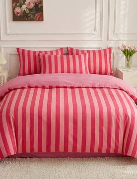 Juego de ropa de cama a rayas de 2/3 piezas, sábanas suaves y transpirables, anti-pilling, textiles para el hogar lindos, funda nórdica a rayas rosa - Shein - FashionsVida