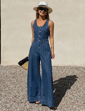 Mono vaquero casual de pierna recta y holgada con tirantes ajustables sin mangas para vacaciones L - Shein - FashionsVida