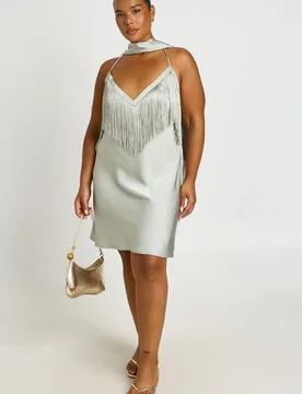 Womens Plus V Plunge Tassel With Scarf Detail Mini Dress - Green - Size 16 Uk - Boohoo - FashionsVida