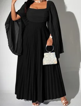 Vestido largo con manga larga de gasa plisado elegante y romántico para mujer de talla grande 4XL - Shein - FashionsVida