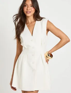 Womens Collarless Tailored Mini Dress - White - Size 6 Uk - Boohoo - FashionsVida