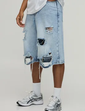 Mens Fade Wash Extreme Distressed Longline Jorts - Light Blue Cotton - Size 42 Regular - boohooMAN - FashionsVida