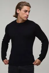 Herren Muskelbetonter Gerippter Strickpullover Black Größe XS
