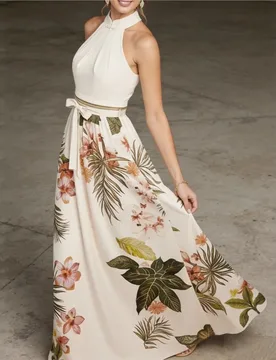 Halter Neck Sleeveless Floral Long Dress Summer Women's Casual Fashion Lace-Up Waist Evening Dress Vestidos De Fiesta Elegantes - Aliexpress - FashionsVida