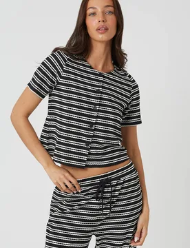 Women's Textured Jersey Stripe Short Sleeve Top in Black Size: XS - Black - Size: XS - Brave soul - FashionsVida