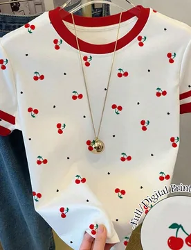 Camiseta básica de manga corta con estampado gráfico de contraste rojo y blanco con patrón de cereza, cómoda y adecuada para primavera/verano, uso - Shein - FashionsVida