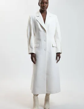 Women's Wool Tailored Midi Full Skirt Satin Detail Coat in Ivory Size: 8 - Ivory - Size: 8 - Karen millen - FashionsVida