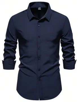 Camisa casual de manga larga con botones frontales lisos, diseño minimalista, para uso diario, azul marino, para hombres, negocios, otoño, formal, c - Shein - FashionsVida