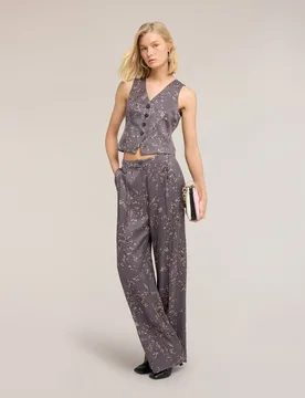 Pantalones de mujer palazzo de twill de viscosa con estampado de flores cierre frontal con botón y cremallera - Motivi - FashionsVida