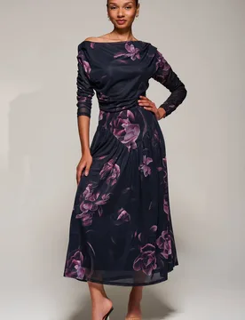 Women's Long Sleeve Asymmetric Mesh Midi Dress in Dark Pink Size: 20 - Dark Pink - Size: 20 - Jolie Moi - FashionsVida