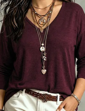 Camiseta holgada con escote en V, manga larga y hombros caídos, de punto suave y talla grande, para otoño/invierno 4XL - Shein - FashionsVida