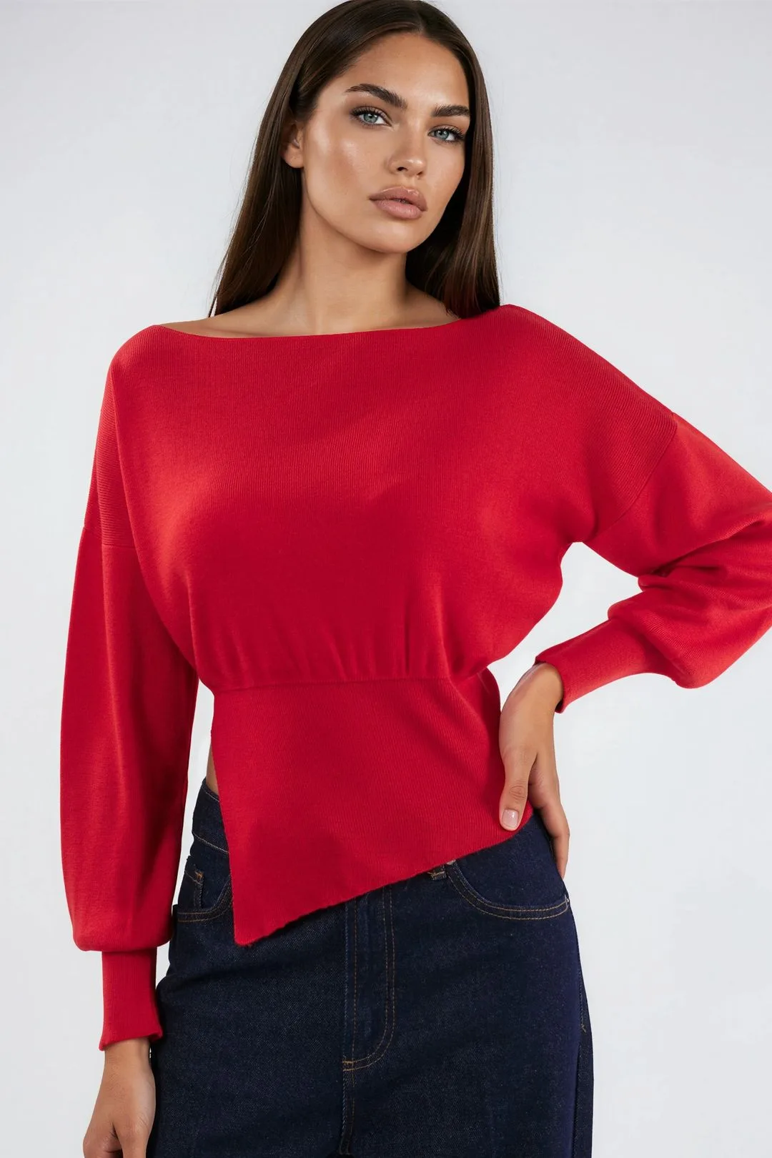 Womens Boat Neck Medium Thickness Knit Sweater - Red - Size Medium - Hiccup - FashionsVida