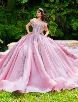Pink Shiny Quinceanera Dresses Ball Gown Off The Shoulder Sequin Applique Lace Beading Tull Sweet 16 Dress Vestidos 15 De Anos - Aliexpress - FashionsVida