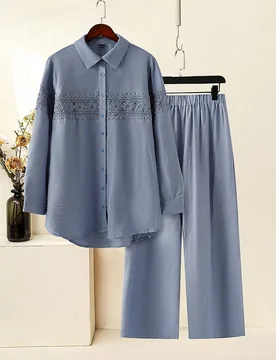 Conjunto de 2 piezas de camisa y pantalones con patchwork de encaje, estilo casual para ir al trabajo, talla grande 3XL - Shein - FashionsVida