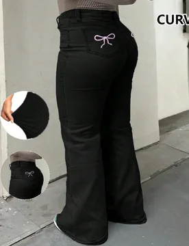 TOP Pantalones vaqueros acampanados ajustados personalizados estilo Y2K con bolsillo y bordado de lazo, talla grande para mujer, casual, negro, primav - Shein - FashionsVida